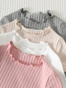 SHEIN 4pcs/Set Baby Girl Summer Cute Ribbed Solid Color Ruffle Hem Short Sleeve Top,Summer,Summer Tops,Easter - Multicolor - View 7