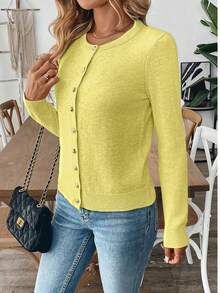 EMERY ROSE Women's Solid Color Single-Breasted Casual Versatile Daily Wear Long Sleeve Cardigan Everyday Soft Yellow Autumn - Yellow - View 5
