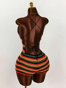 Amplova Pride Month regnbågsrandig rygglös jumpsuit, sexig och avantgardistisk, lämplig för semesteroutfit, söt mini-spaghettibandslös rygglös stil - Multifärgad - Visa 13