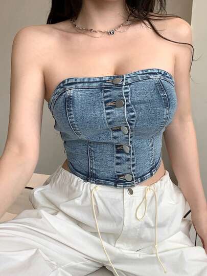DAZY Women's Solid Color Front Button Fitted Cropped Denim Top