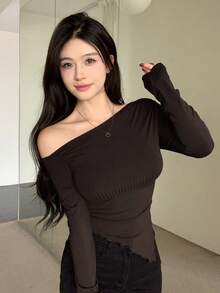DAZY Women's Solid Color Asymmetrical Slim Fit Long Sleeve T-Shirt - Coffee Brown - View 5