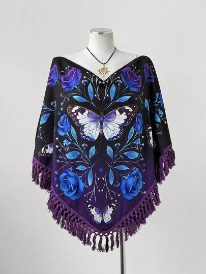 Sunspun New Elegant Textured Fabric Splice Fringe Trim Poncho Top, Gothic Style, Suitable For Spring, Summer, Fall Seasons, Vacation