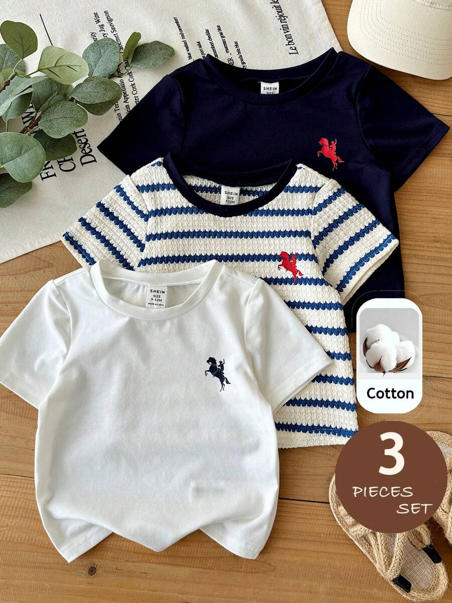 LMoss Kids 3件套男婴针织纯色条纹圆领修身休闲T恤套装 - 彩色 - 查看 1