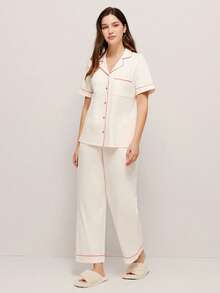 LUVLETTE Soft 100% Pure Cotton Contrast Trim Short-Sleeve Basic Button-Up Top & Pants Loungewear Pajama Set - Beige - View 2