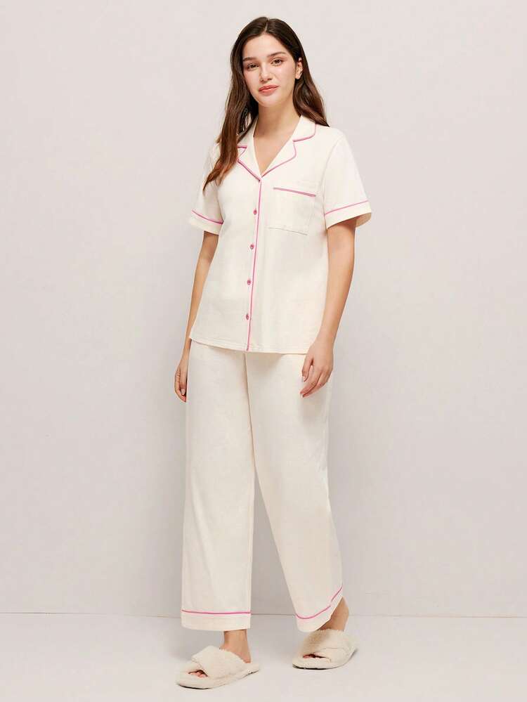 Cotton Button-Up Top & Pants PJ Set
