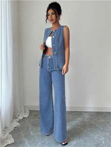 Elenzga Plus Size Fashionable Minimalist Baggy Casual Formal Denim Vest And Pants 2 Pieces Set Light Blue Summer Party - Light Wash - View 3