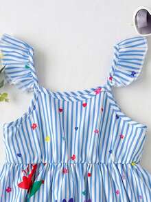 SHEIN Đầm dệt sọc và họa tiết hoa nhí cho bé gái, cổ vuông, viền bèo nhún, kiểu dáng thường ngày. - Nhiều màu - Xem 4