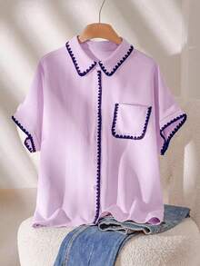 CosyJoli Plus Size Women Patchwork Single-Breasted Casual Versatile Daily Wear Shirt - Purple - View 7