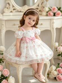 Glamorique Kids 女婴粉色刺绣网纱连衣裙，配腰带和蝴蝶结，无袖/短袖公主裙，适合生日、婚礼、派对、节日等场合。 - 粉色 - 查看 6
