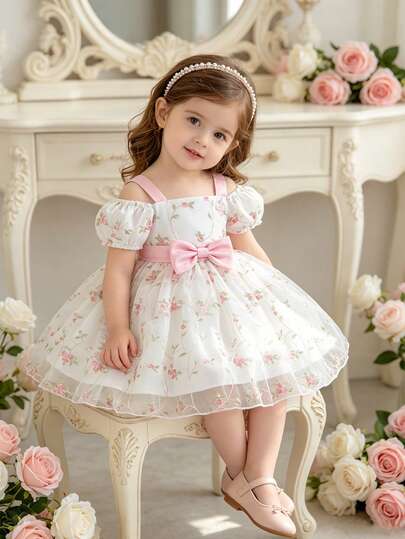 Glamorique Kids 女婴粉色刺绣网纱连衣裙，配腰带和蝴蝶结，无袖/短袖公主裙，适合生日、婚礼、派对、节日等场合。