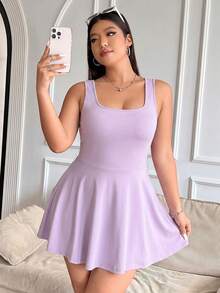 Solflare Purple Lilac Plus Size Sleeveless Dress With Pockets & Shorts, Solid Color Jumpsuit - Lilac Purple - View 6