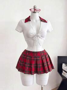 三件套：百褶裙、学生角色扮演用长筒袜 - 紅白色 - 查看 8