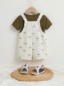 Cozy Pixies Baby Boy Solid Color Soft Knit Crew Neck Short Sleeve Top And Coconut Tree Pattern Bib Shorts 2-Piece Set - Green - View 2