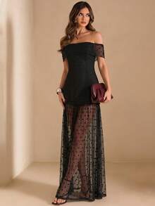SHEIN BAE Vestido negro con volantes y hombros descubiertos de malla con lunares - Negro - Ver 6