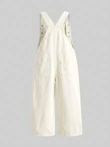 SHEIN Quần jean denim xanh mùa hè cho bé gái, bộ jumpsuit denim mềm mại, thoải mái, thiết kế họa tiết trái tim và hoa văn thời trang mới. - Màu be - Xem 2