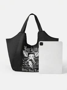 Betty Boop x SHEIN 1pc Large-Capacity Shoulder Handbag With Printed Pattern, Suitable For Camping, Beach, Travel, Shopping, School, Work And Other Occasions. - Pure black - View 3