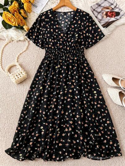 Linhara Plus Size V-Neck Cross Wrap Ditsy Floral Short Sleeve Dress Maxi Women Outfit
