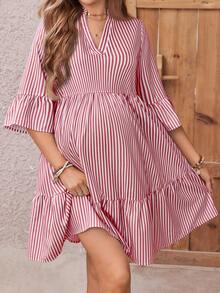 Vestido camisero de manga corta con cuello alto y rayas para maternidad - Burdeos - Ver 5