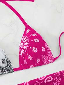 Swim Vcay Plus Size Women 3pcs Halter Backless Printed Bikini Set With Mesh Short Apron, Vacation Swimwear - Multicolor - View 5