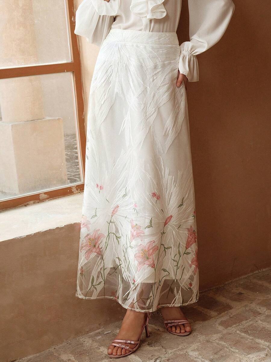 Anewsta 春夏新款优雅高端串珠刺绣百合花印花高腰女式长裙 - 白色 - 查看 1