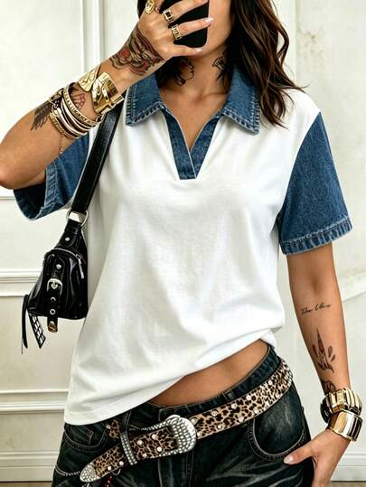 EMERY ROSE Camiseta de manga corta con cuello en V de corte holgado, diseño minimalista y estilo casual, talla grande