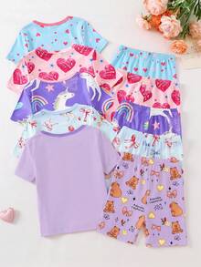 [2 Sets Random] 2-Piece Girls Toddler Sweet Y2K Cartoon Animal Heart Pattern Short Sleeve & Shorts Snug Fit Pajamas Soft Knit Kids Homewear Summer - Multicolor - View 2