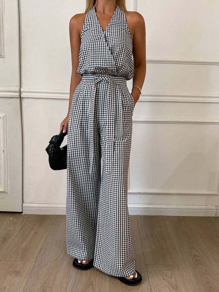 Women's Casual Plaid Halter Top And Wide Leg Pants 2 Pieces Set, Summer Lounge Sets For Women