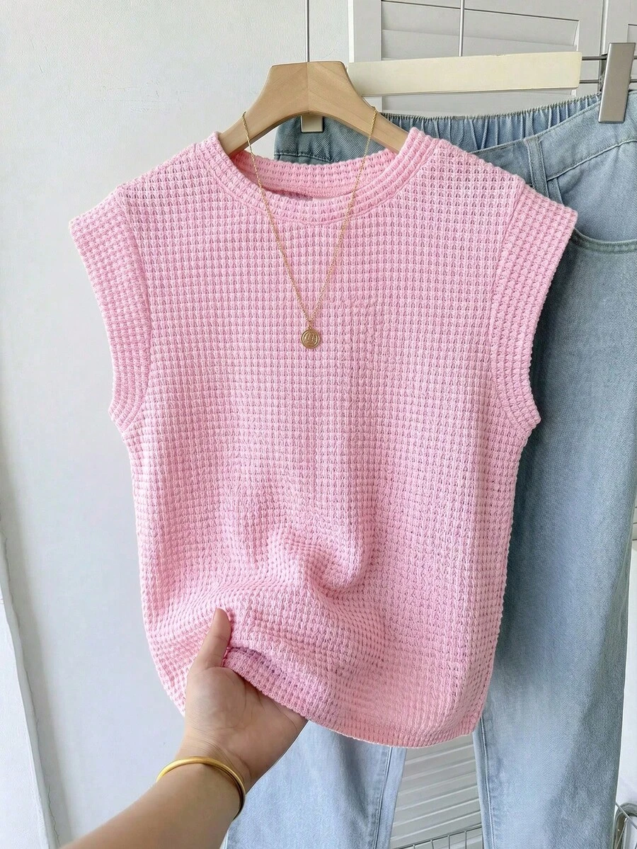 SHEIN 少女纹理圆领短袖休闲T恤,简约家居休闲服 - 粉色 - 查看 1
