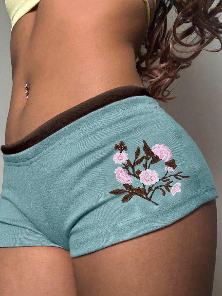 EgrlEra Tall Y2K辣妹花卉刺繡低腰針織短褲，女款多色休閒翹臀短褲