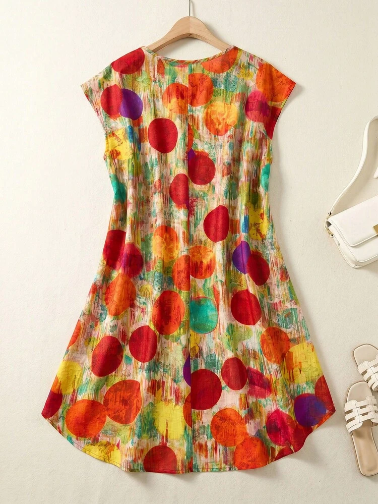 Plus Size Women's Summer Beach Vacation Polka Dot Tie-Dye Print Sleeveless Loose Dress Summer Summer Outfit For Women Festival Outfits For Women Beach Outfits For Women Vacation Outfits Women Holiday Outfits  For Women Country Concert Outfit  Summer Dress