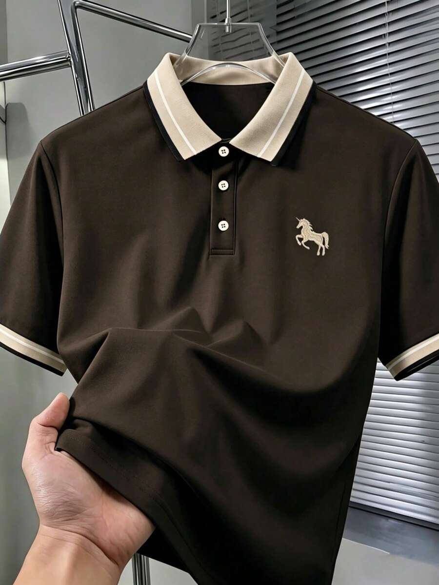 Calvornis 男士提花领刺绣短袖休闲Polo衫 - 棕色 - 查看 1