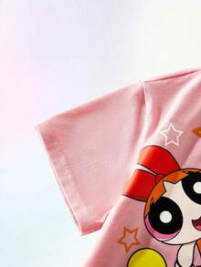 THE POWERPUFF GIRLS X SHEIN Maija Kids Cartoon Pattern Soft Knit Round Neck Short Sleeve Dropped Shoulder Pullover T-Shirt For Young Girls - Pink - View 6