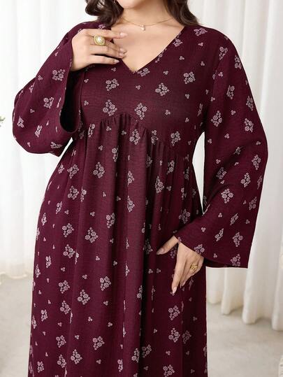 Veilorie Plus Size Floral Print V-Neck Elegant Long Sleeve Dress