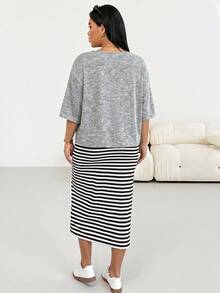 Shapeblank Bộ đồ hai mảnh thời trang xuân/hè dành cho nữ cỡ lớn, dáng rộng, co giãn, thoải mái, cơ bản, đa năng gồm áo vest kẻ sọc và áo khoác ngoài màu đen, trang phục mùa hè, trang phục sân bay, phong cách đơn giản, mùa hè châu Âu. - Xám - Xem 2
