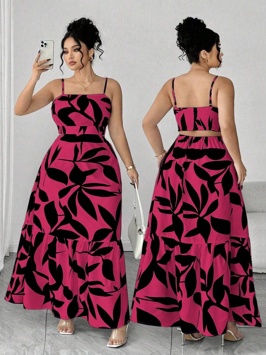 Elenzga Plus Size Women's Pink Floral Summer Boho Dress,Elegant Spaghetti Strap Ruched Waist A-Line Design,Holiday Tea Party,Wedding Prom Dress - Red Violet - View 1
