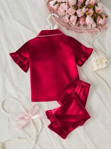 Baby Girls' Colorful Ruffle Trim Bow Embroidery Short Sleeve Top And Pants 2Pcs Pajama Set, Spring/Summer - Red - View 2