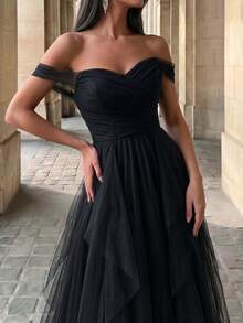 Firerie 露肩网眼伴娘礼服黑色优雅正式晚会舞会婚礼宾客礼服，适合毕业典礼、晚宴派对礼服 - 黑色 - 查看 3