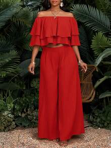 SHEIN Lady Women's Red Off-Shoulder Ruffle Crop Top And Wide Leg Pant Set Summer Two Piece Outfit - Red - View 4