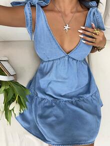 SHEIN SunnyBelle Đầm denim nữ, thích hợp cho Halloween, Giáng sinh, Lễ Tạ ơn, Tiệc năm mới, đi làm, mặc hàng ngày, đi nghỉ mát, mặc chéo, đầm hè, trang phục đi biển, đầm đi biển, đầm thường ngày, đầm ngắn dáng chữ A không tay cổ chữ V sâu thắt nơ. - Rửa nhẹ - Xem 5