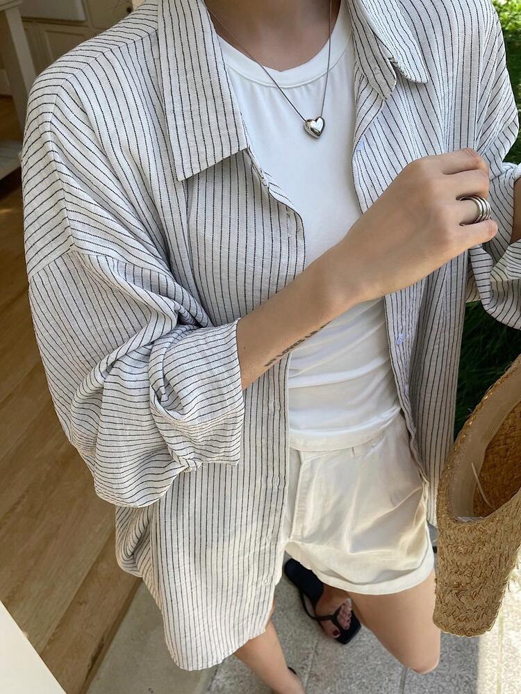 Women Striped Print Button Front Loose Casual Long Sleeve Shirt Fall