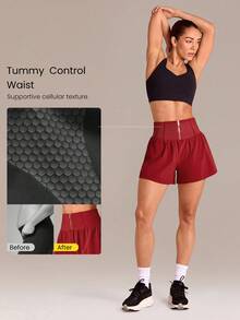 GLOWMODE VitalSwift Tummy Control High-Waisted A-Line Shorts With Built-In Shorts Contrast Zipper Pocket Casual Gym Summer Quick Dry - Maroon - View 2