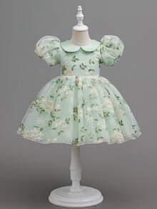 SHEIN Glamorique Kids 少女碎花束腰泡泡袖连衣裙，薄纱泡泡袖优雅派对礼服，适合所有季节 - 綠色 - 查看 2