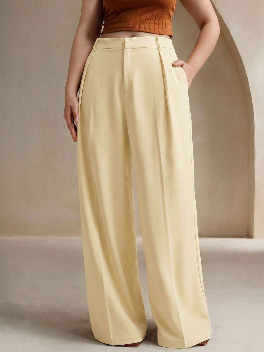 Anewsta Plus Size Black Elegant Casual/Office Wear Straight Leg Pants For Women - Pale Yellow - View 1