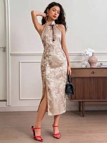 EastFlair Vestido midi elegante con cintura ceñida y estampado integral, adecuado para fiestas y reuniones - Café - Ver 2