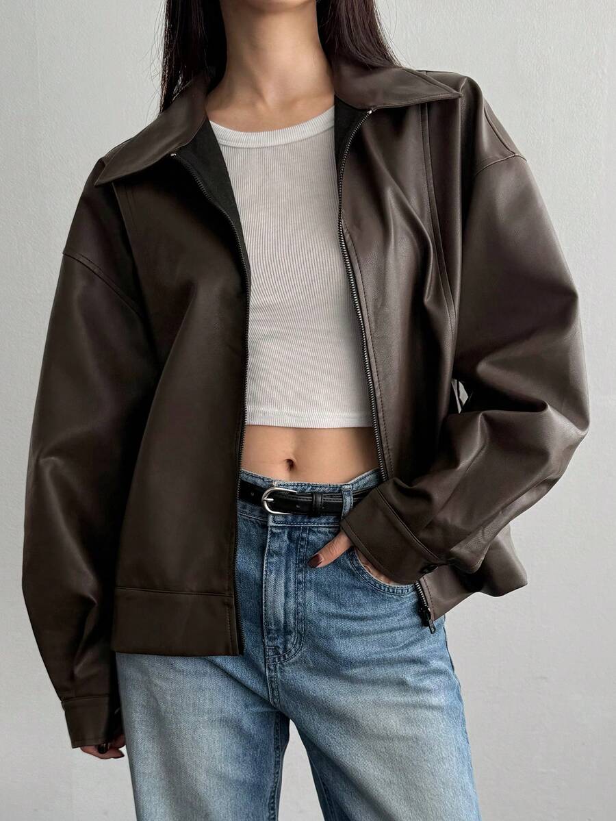 DAZY Oversized Turndown Collar Zipper Motorcycle Faux Leather Jacket, Casual Unisex Women Coats - Brown - View 1