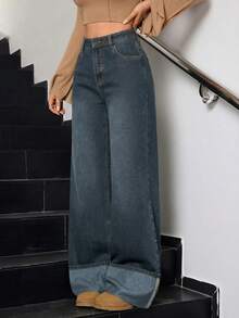 SHEIN Tall Summer Women's Casual Street Washed Vintage Chic Fashionable Turn-Up Hem Design Wide Leg Jeans, Tall Work Daily Light Blue - Black - View 5