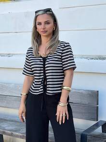 Jeta Ari French Elegant Chic Black & White Striped V-Neck Ribbon Tie Decor Regular Women Summer T-Shirt Casual - Black and White - View 1
