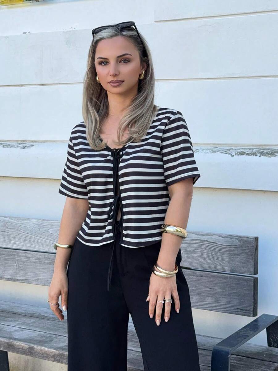 Jeta Ari French Elegant Chic Black & White Striped V-Neck Ribbon Tie Decor Regular Women Summer T-Shirt Casual - Black and White - View 1