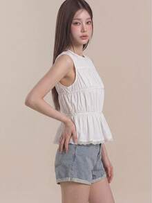 SHEIN Unity Cute White Summer Round Neck Ruched Waist Ruffle A-Line Sleeveless Open Shoulder Blouse,Vintage College Style Office Commute Wear,Brunch,,Beach - White - View 5
