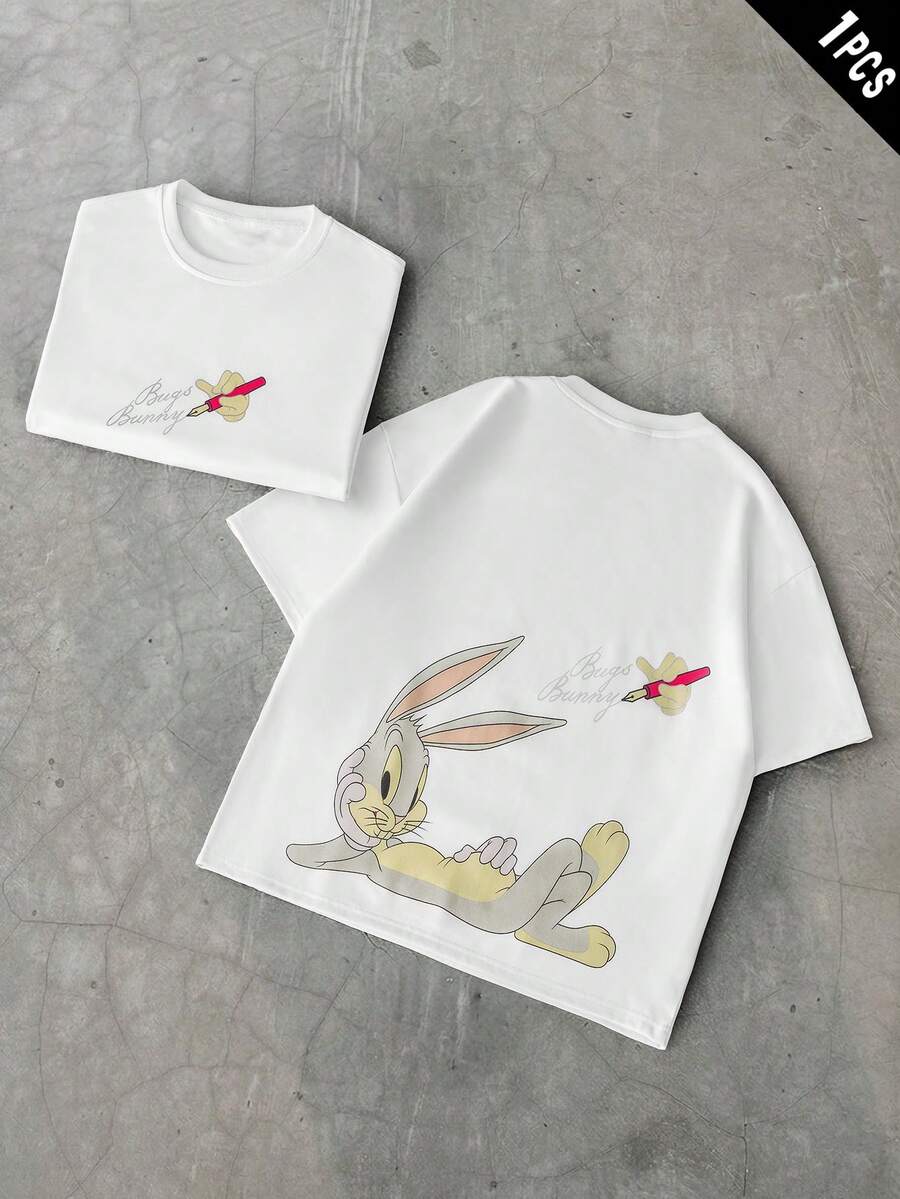 LOONEY TUNES X SHEIN PAVTROS Men's Casual Cartoon Print Short Sleeve T-Shirt - White - View 1